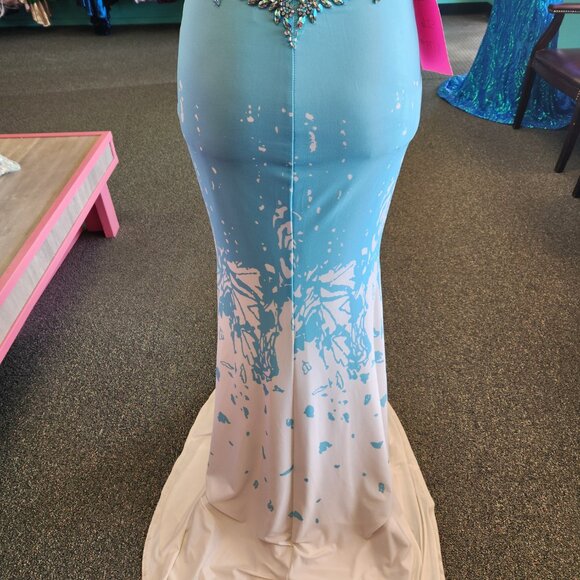 Envious 17119 Size 6 Aqua/Ivory Jersey Knit Print Prom Dress Evening Formal - Picture 8 of 9